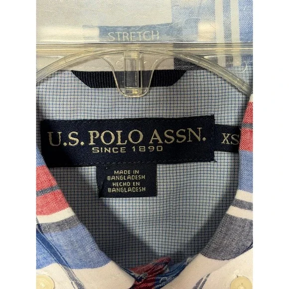US Polo Assn Mens XS Short Sleeve Plaid Button Down Shirt Red White Blue Stretch - Picture 3 of 14